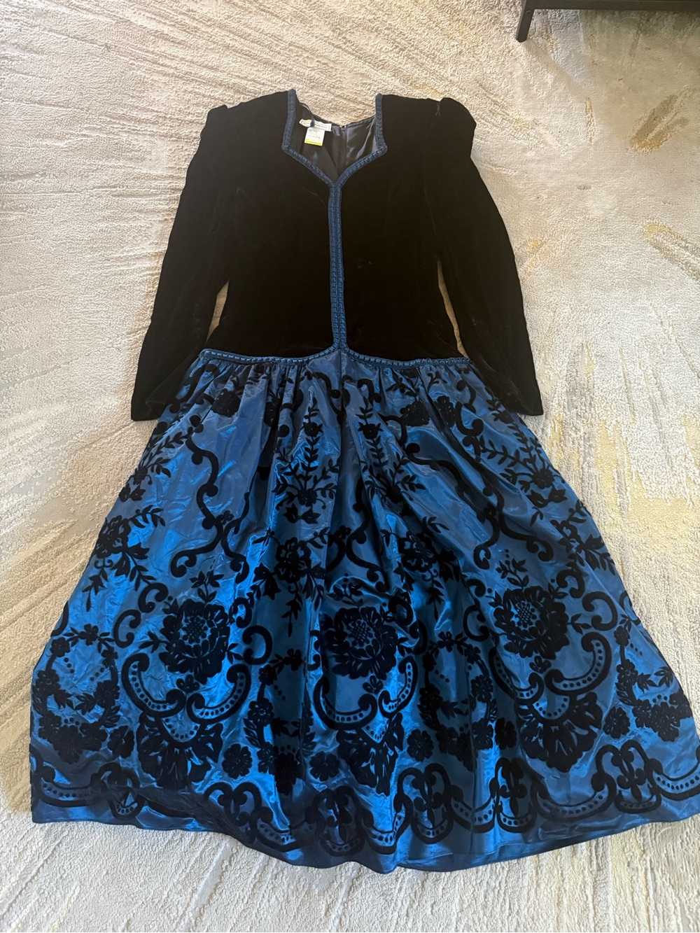 Vintage 80’s Scott McClintock Formal midi Dress Black Velvet Flock Taffeta Blue